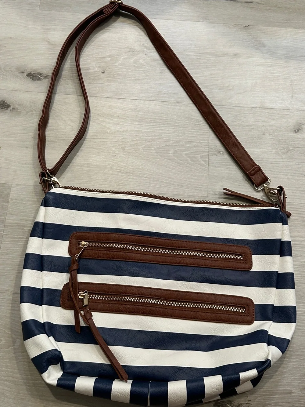 Striped Navy & White Crossbody Bag with Brown Trim